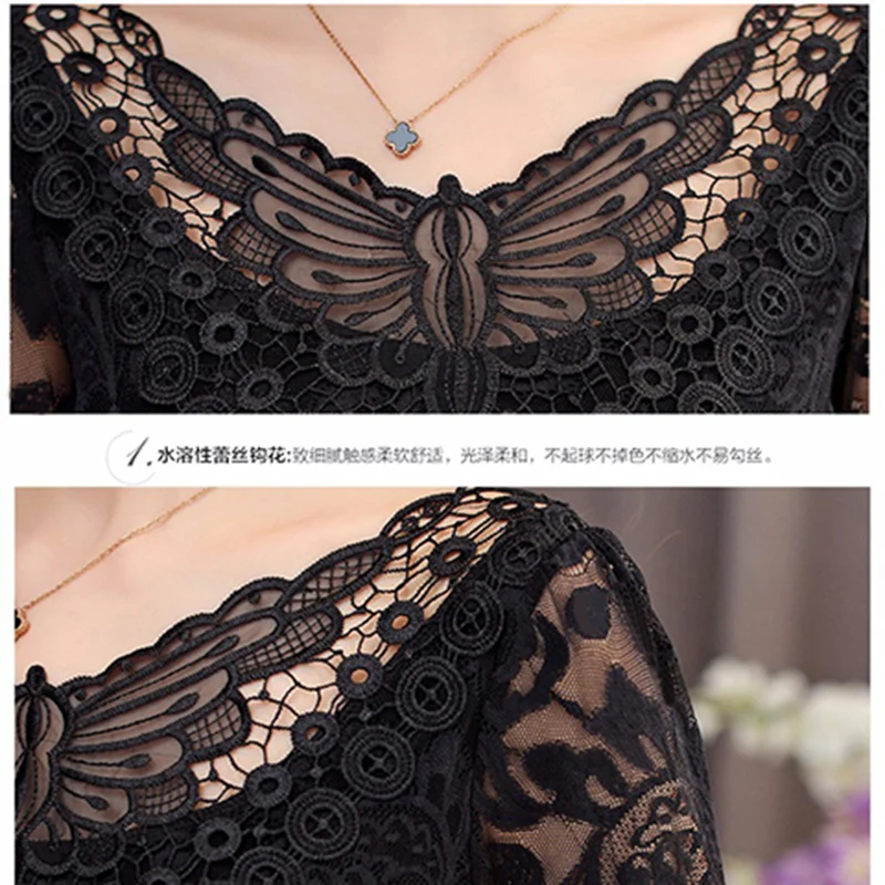 

S-5XL Plus Size Spring Summer Fashion Women Elegant Black Lace Blouse Shirt Long Sleeve Sexy Top Women Plus Size Clothing DF2313