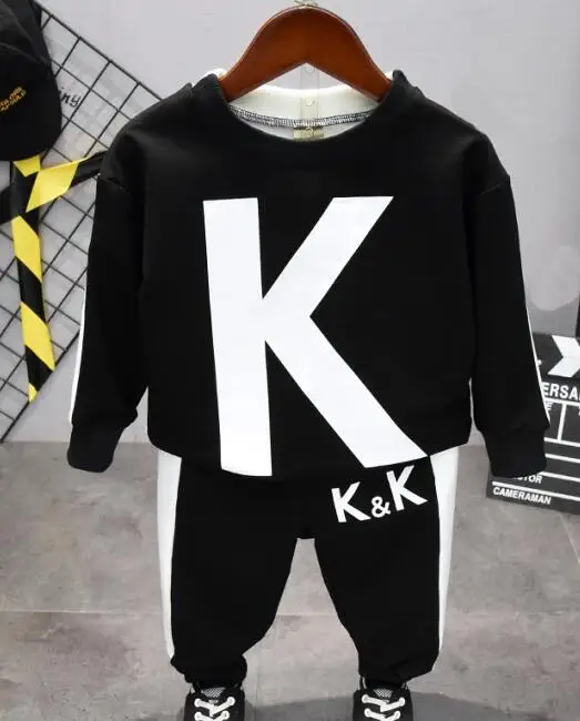 black set Детская одежда на весну и осень детские длинные футболки и штаны комплект из 2 предметов, повседневные модные комплекты для мальчиков от 2 до 6 лет - Цвет: black set