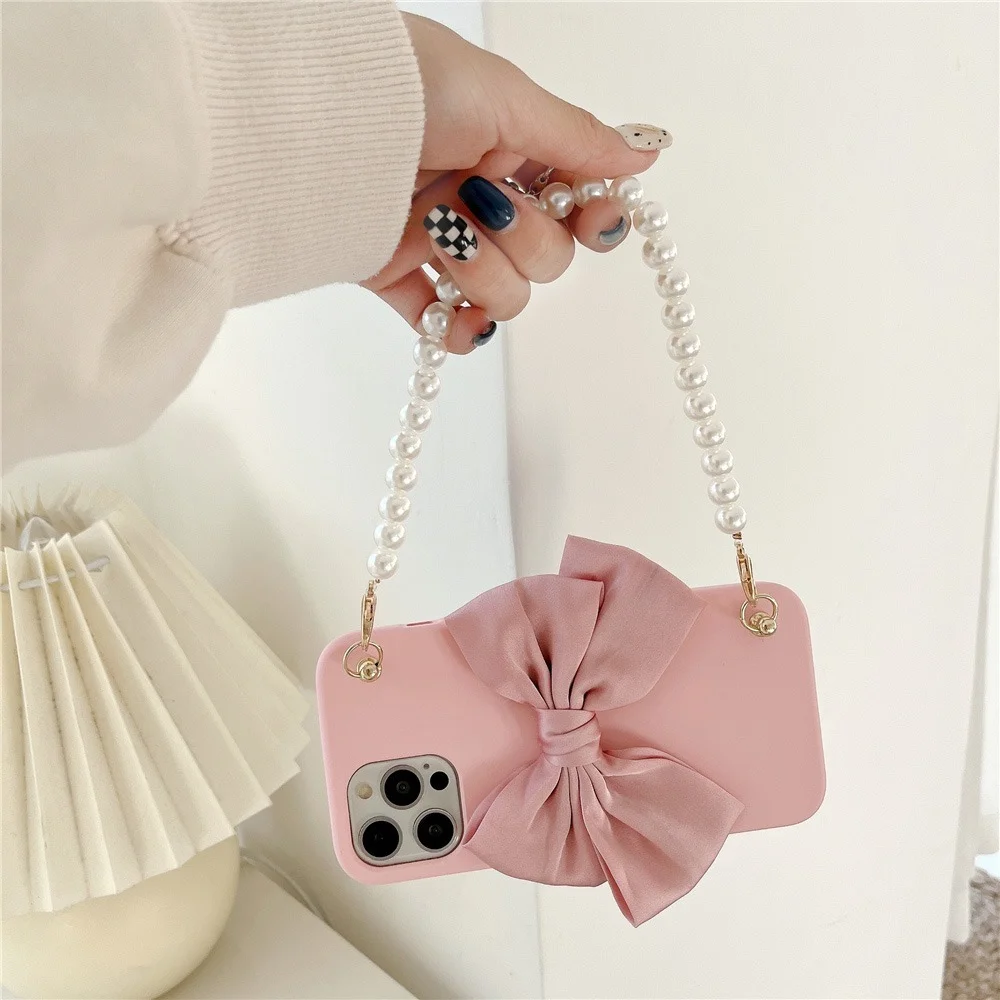 Милый жемчужный браслет розовый чехол для телефона с бантом iPhone 13 12 Mini 11 Pro XS Max XR X 6