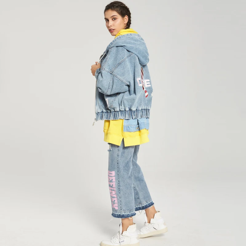 Женская джинсовая куртка с вышивкой Корейская уличная одежда на молнии дырками