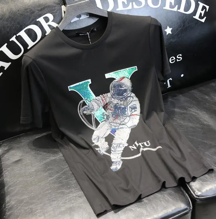

Summer Diamond T-shirt Men Shiny Rhinestone Top Mens Designer Astronaut Tshirts 100% Cotton Round Neck Short Sleeve Male Tees