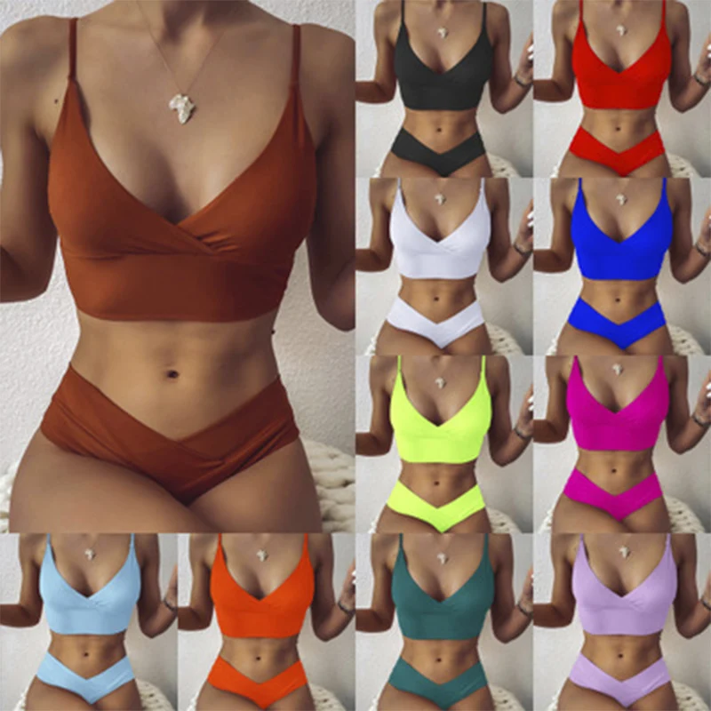 

Sexy Cross Bikini Set Women Solid V-Neck High-Waisted Two Piece Swimsuit 2021 Girl Beach Bathing Suit Swimwear Biquinis