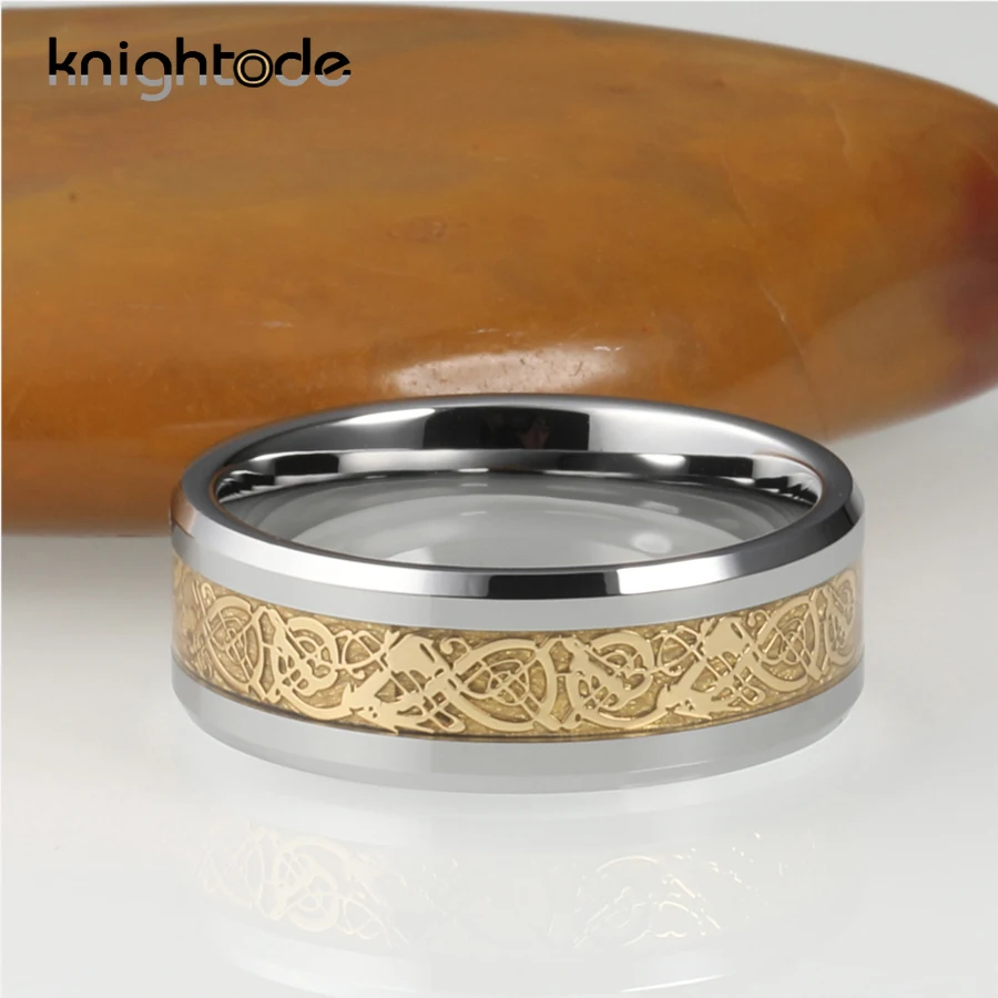 Обручальные кольца из карбида вольфрама 8 мм с золотым Драконом и метеоритом