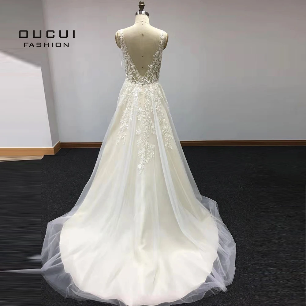 

Elegant Vestido De Noiva Lace Long Wedding Dress 2019 Plus Size Button Wedding Dresses With Train Bridal Gown Customize OL103591