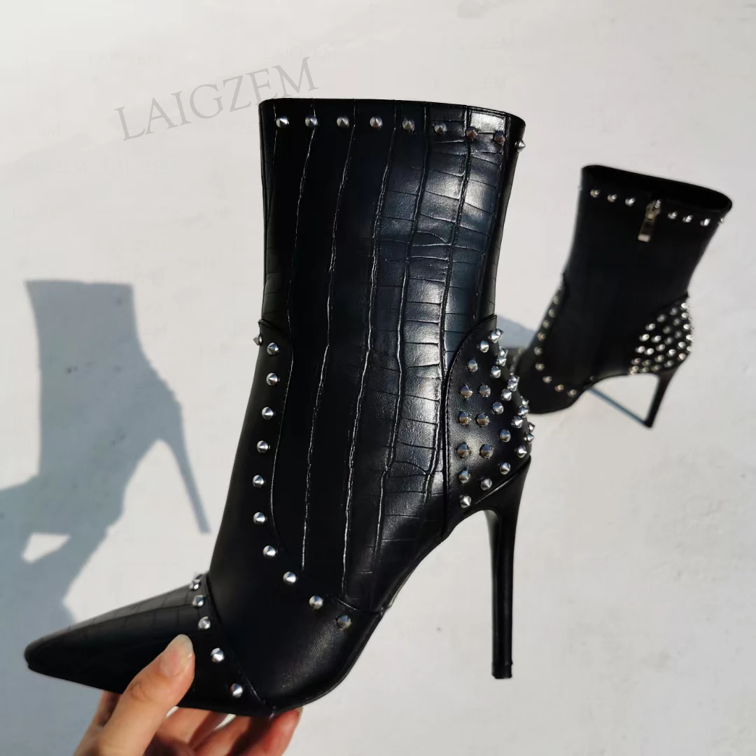 

DOBANER Women Ankle Boots Rivests Pointed Toe Stiletto High Heels Booties Zip Up Ladies Shoes Woman Plus Size 43 44 46 47