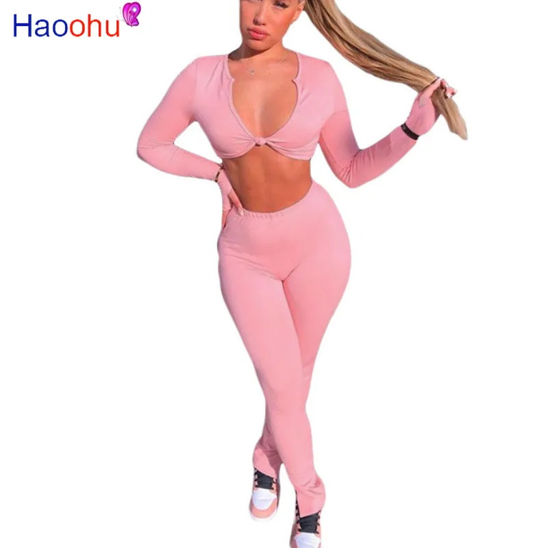 

Сексуальный спортивный костюм HAOOHU для фитнеса, женский модный короткий топ с длинным рукавом, эластичные леггинсы, подходящий комплект, спо...