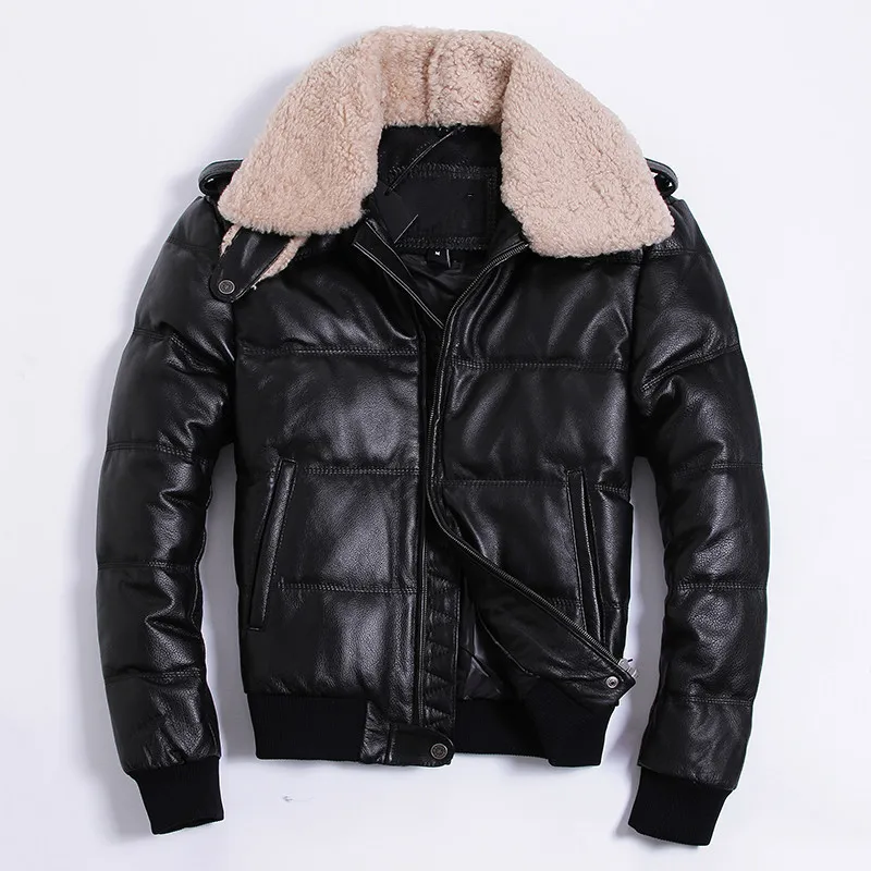 

Genuine Leather Jacket Men Real Cow Leather Jacket Mens Natural Lamb Fur Collar Duck Down Coat Jaqueta De Couro HA-805 YY757