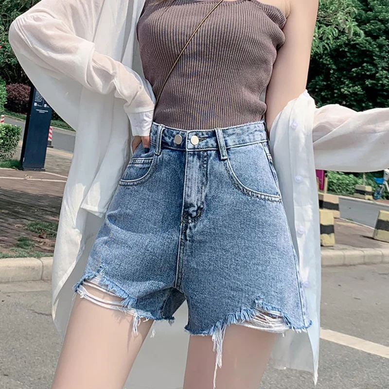 

2021 New Summer Women High Waist Denim Shorts Retro Streetwear Female Loose Blue Hole Jeans Shorts