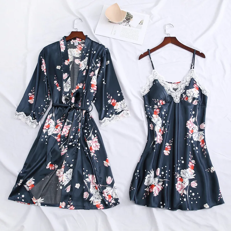 Розовая атласная пижама Женский комплект из 2 предметов халат свадебная рубашка