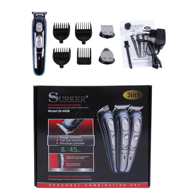 

SURKER SK-6008 3 In 1 Low Noise Professional Rechargeable Electric Hair Trimming Clipper Shaver Razor Barber Hair Cutter Machine