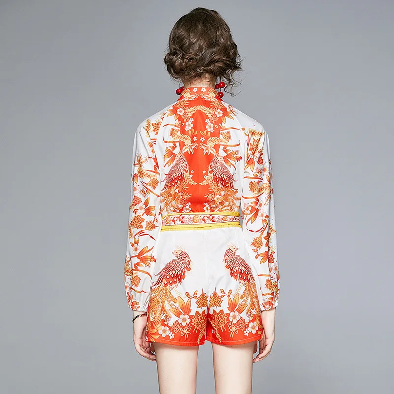 

2020 Autumn Flower Print Two Piece Set Vintage Outfits Female Stand Collar Shirt Tops + Sashes High Waist Short Set