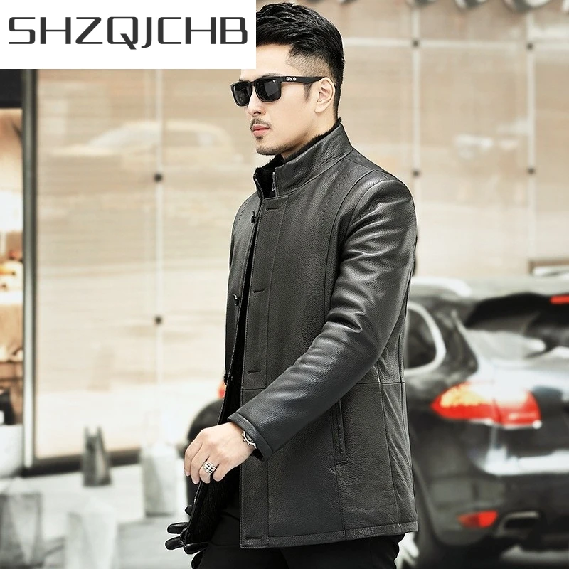 

JCHB 2021 Italian Luxury Mens Business Work Stand Collar Deerskin Genuine Leather Jacket Vintage Thick Warm Biker Man Mink Fur L