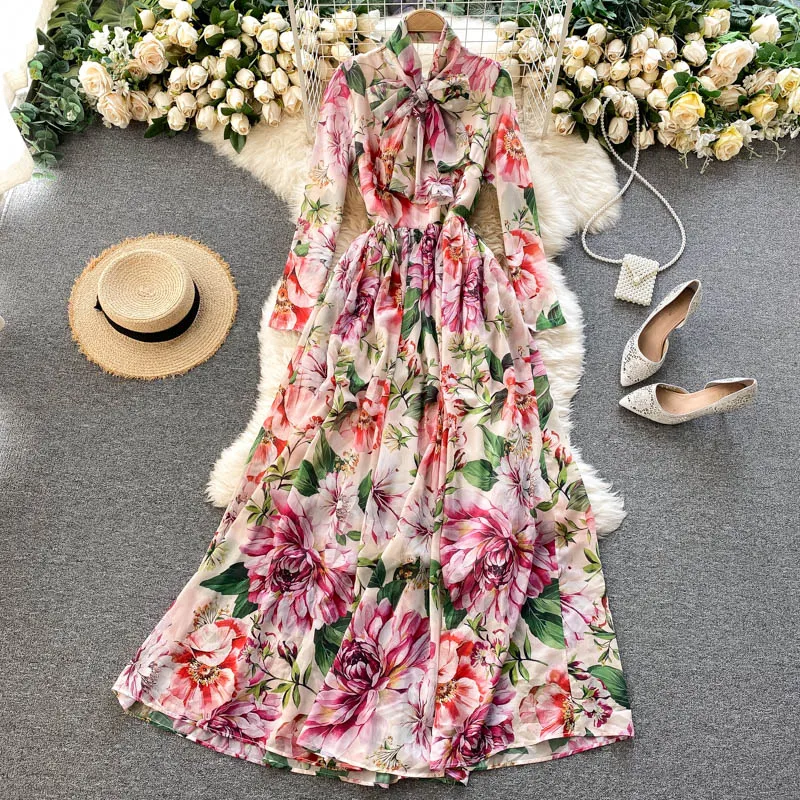 

Women's spring summer runway fashion long sleeve print dress female slim chic travel beach chiffon dress TB1434