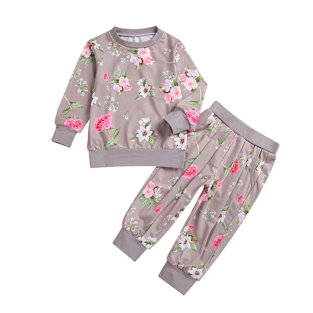 Fashion Children Girls Clothing Set Spring Autumn Tracksuit Floral Sweatshirt+Pants Casual Sport Suit Kids Toddler Girls Clothes