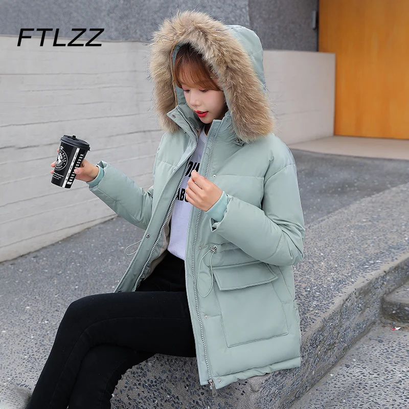 Женская Повседневная куртка пуховик с капюшоном и меховым воротником|Женские