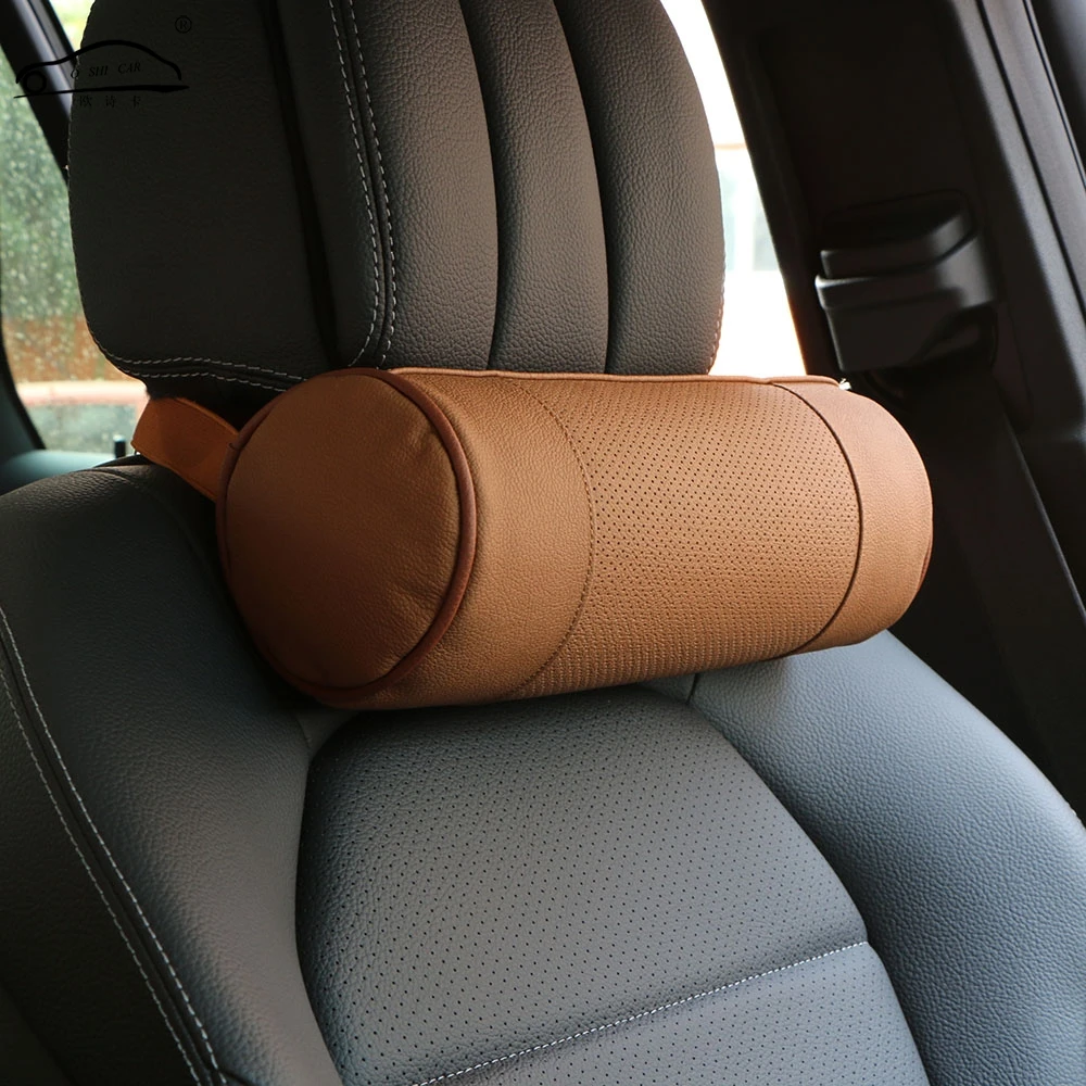 

Memory Foam Car Neck Pillow/Genuine Leather Auto Cervical Round Roll Office Chair Bolster Headrest Supports Cushion Pad Black