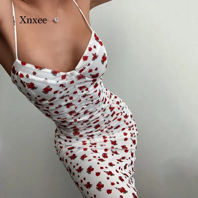 

Red Floral Print Dress Women V-Neck Side Drawstring Spaghetti Strap Dresses Summer 2021 Ladies Lace Sexy Bodycon Party Dress