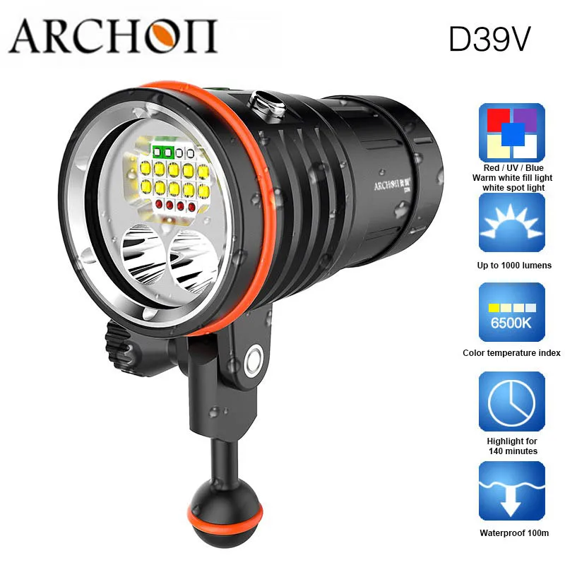 ARCHON D39V Diving LED Flashlight CREE 10000LM UV Warm White Red Blue Torch Light for Photography Fill Lights,Outdoor Lighting