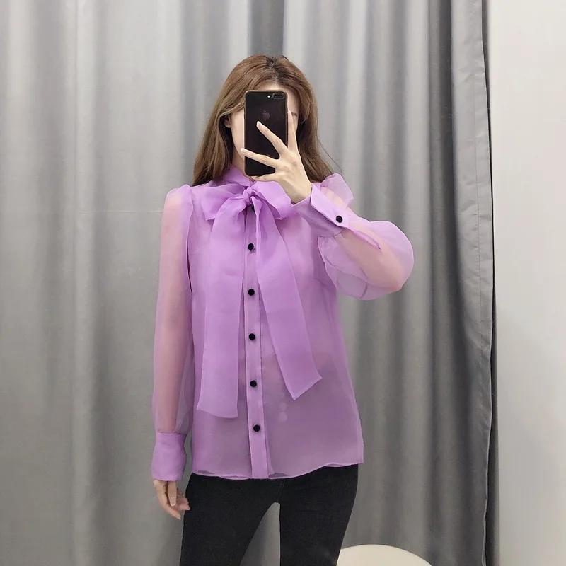 Прозрачная женская блузка Осень 2019 Новая мода фиолетовый органза лук воротник