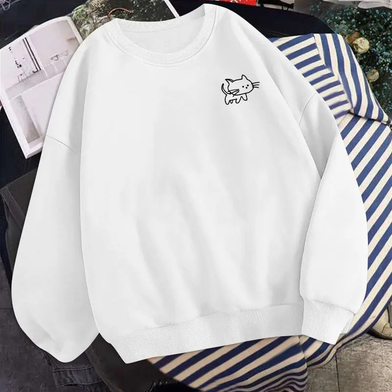 Pullover Sweatshirts Women Tops Harajuku Autumn Thin Containing Cotton Oversized Hoodie Anime Material Cat Print Long Sleeve