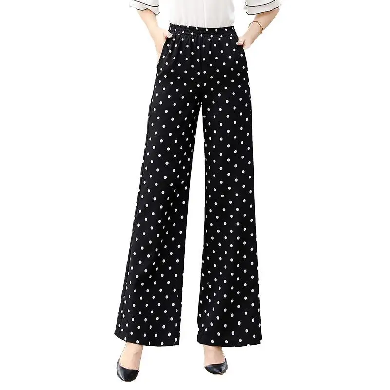 

2021 Spring Summer Women Pants Dot Pockets Elastic Waist Loose Elegant New Fashion Female Casual Ankle-Length Trousers M187