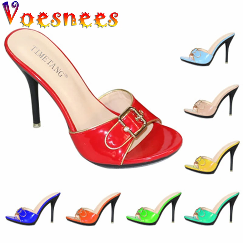 

Voesnees Sexy High Heels Candy Color Slippers Women Shoes 11cm Pointed Toe Sandals Shallow Thin Heels Outside Female Slides