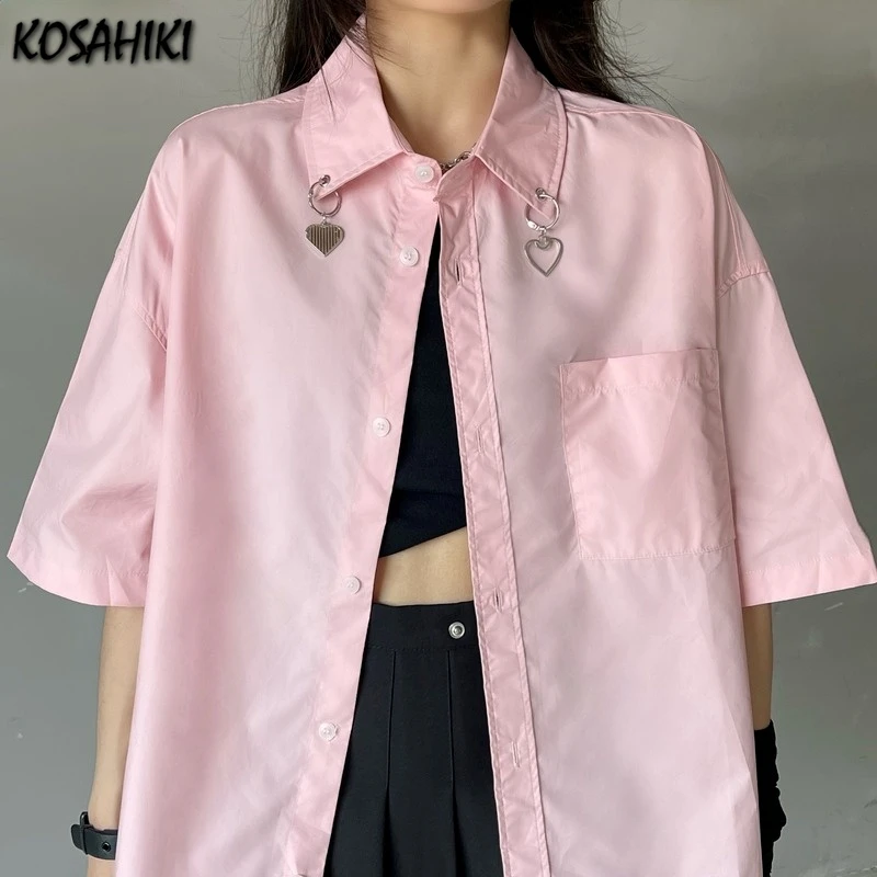 

KOSAHIKI Casual Blouse Women Solid Button Up Shirt Harajuku Pink Short Sleeve Tops Oversized Streetwear Vintage Blusas Loose