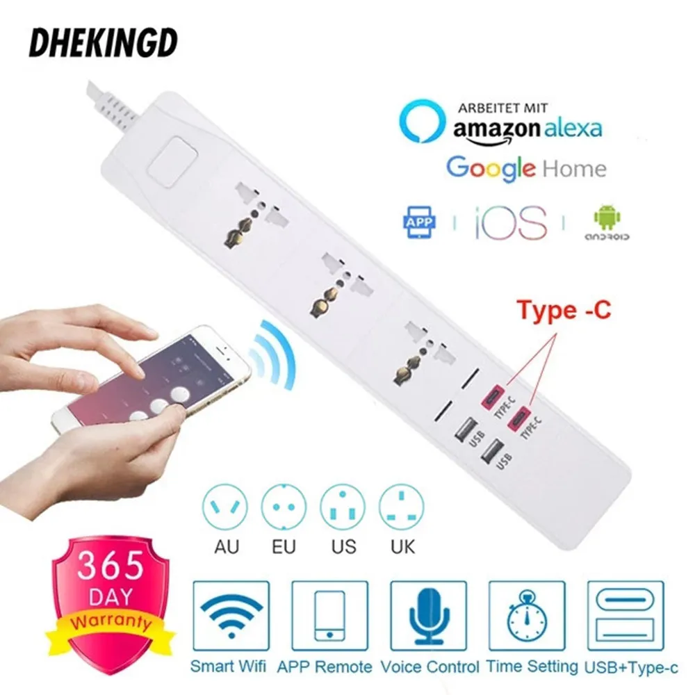 Universal Wifi Smart Power Strip  3 Outlets Socket 2 USB 2 Type-c 3.0A Quick Charge Voice Control for Alexa Google Assistant