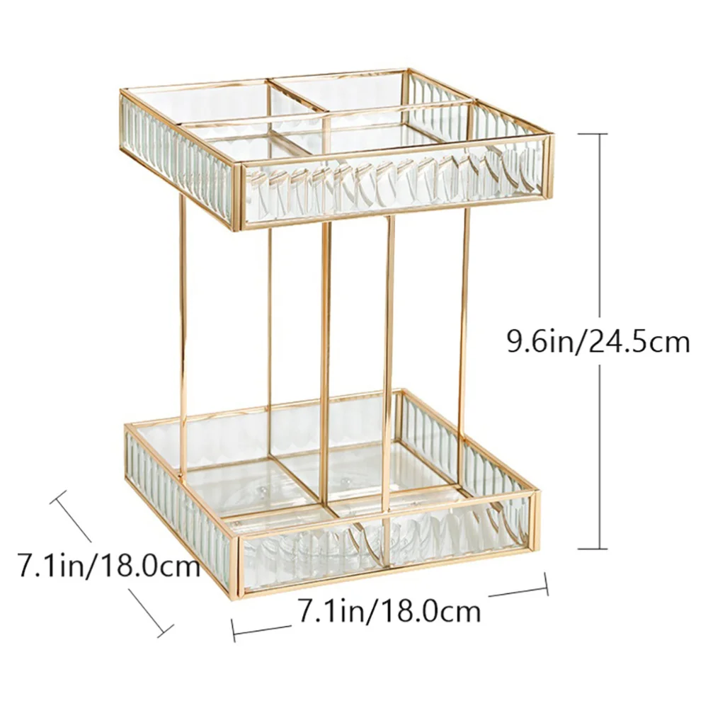 

1Pc 360 Rotating Storage Rack Double-layer Glass Display Stand (Golden)