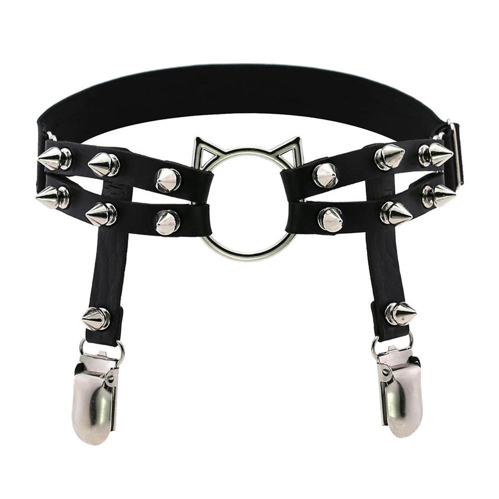 

Cat Ears The Rivet Hollow Out Garter Bondage Gothic PU Leather Necklace Suspenders For Women Legs Ring Sexy Metal Chain Harness