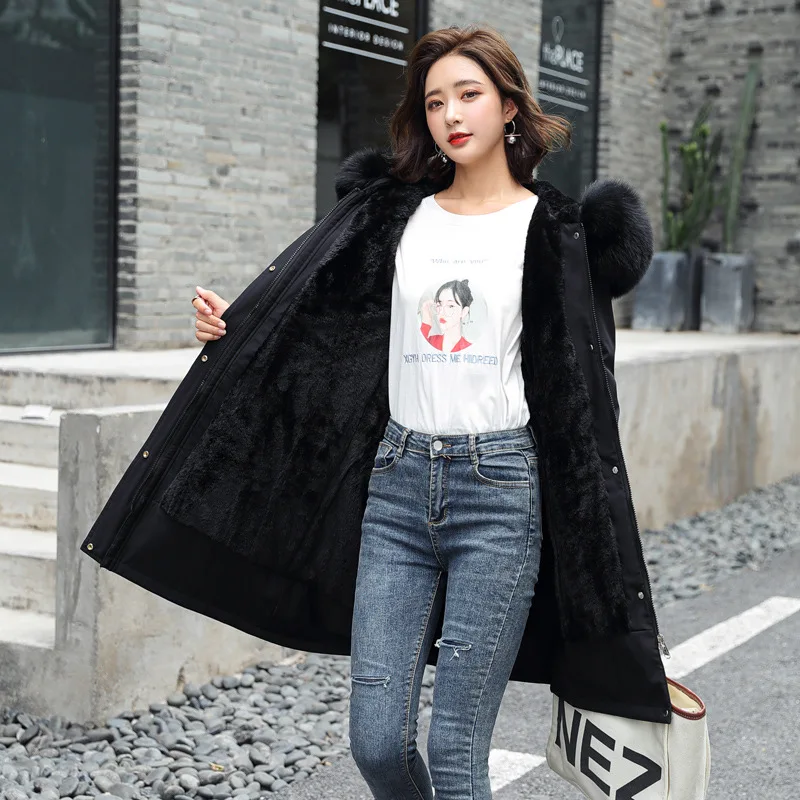 Fur Collar Jacket Women Adjustable Waist Medium Long Hooded Coats New Christmas Halloween Winter Warm Cotton Liner Parker Parkas