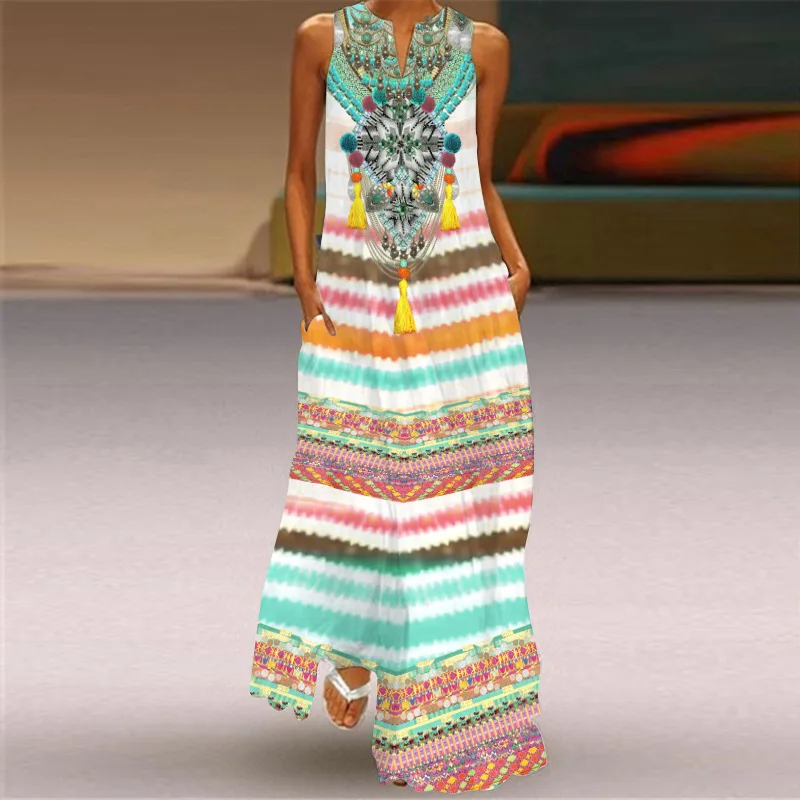 

Vintage Tiger Print Dress 2021 V Neck Casual Plus Size Long Dresses Summer Woman Sleeveless Girl Beach Maxi Dress Women