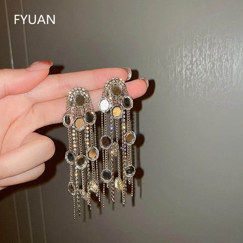 

FYUAN Geometric Oval Crystal Earrings for Women Bijoux Long Tassel Rhinestone Dangle Earrings Statement Jewelry