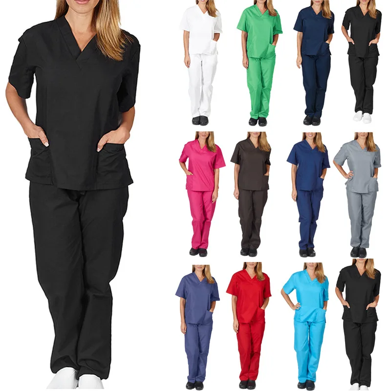 Conjuntos de ropa de trabajo para hombres y mujeres, camisetas de manga corta con bolsillo, uniformes de enfermería, salón de belleza, trajes de talla grande
