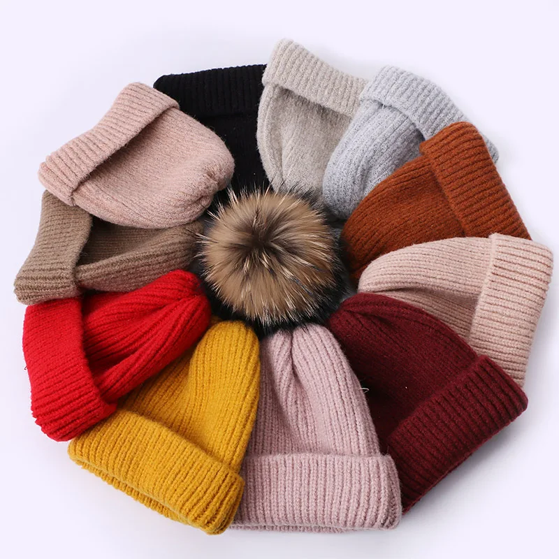 

New Colors Winter Hat Women Knitted Hat With Real Fur Pompon Warm Soft Trendy Hat Wool Skullies Beanies Elegant Solid Color Hat