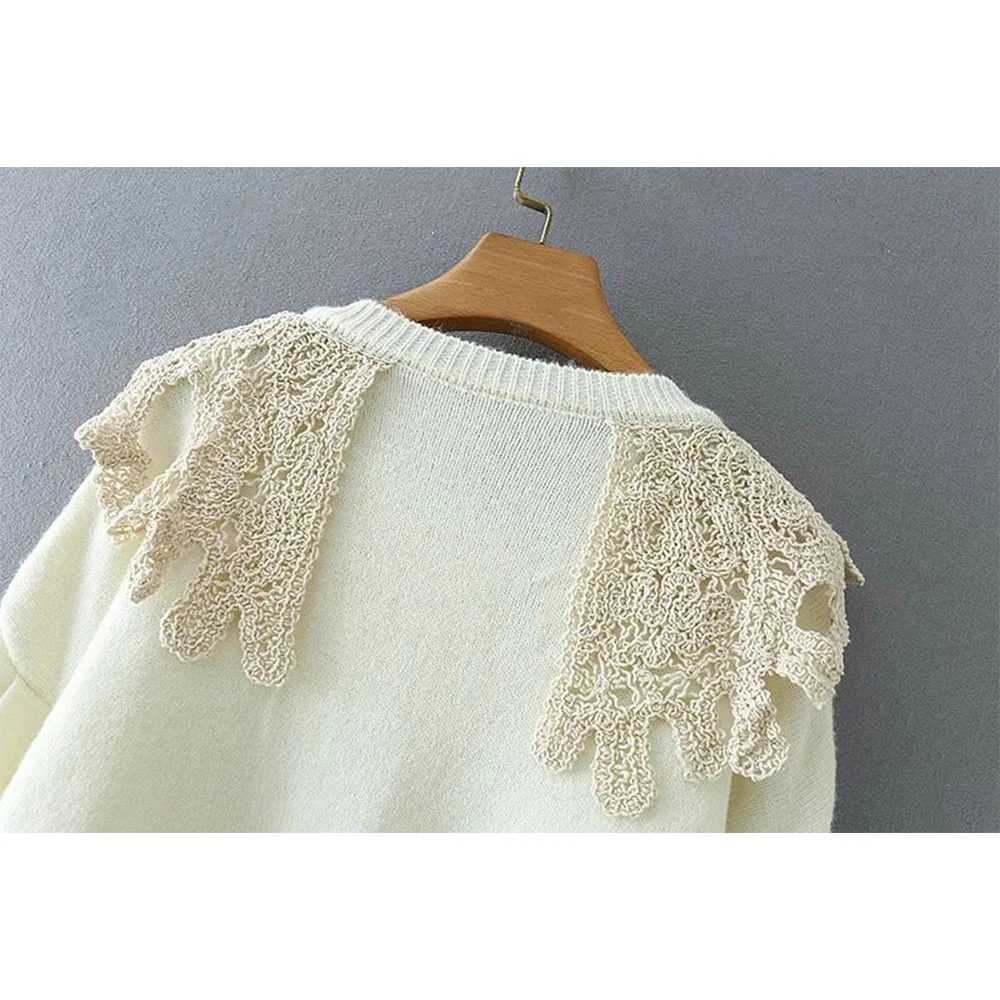 

2020 New Autumn Winter Women Knitted Top Lace Trim O-neck pull casual stylish Elegant sweater Female Pullover ZXQJ