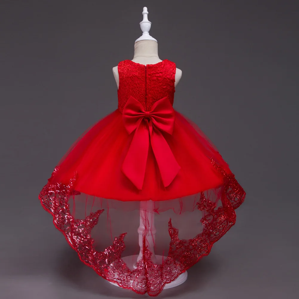 

Fashion Beautiful Flower Girl Evening Dresses White Pink Red Big Bow Short Front Long Back Tulle Lace Wedding Dress for Kids