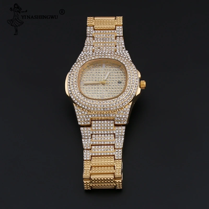 Роскошные золотистые мужские часы ожерелье кулон и браслет набор с украшением в