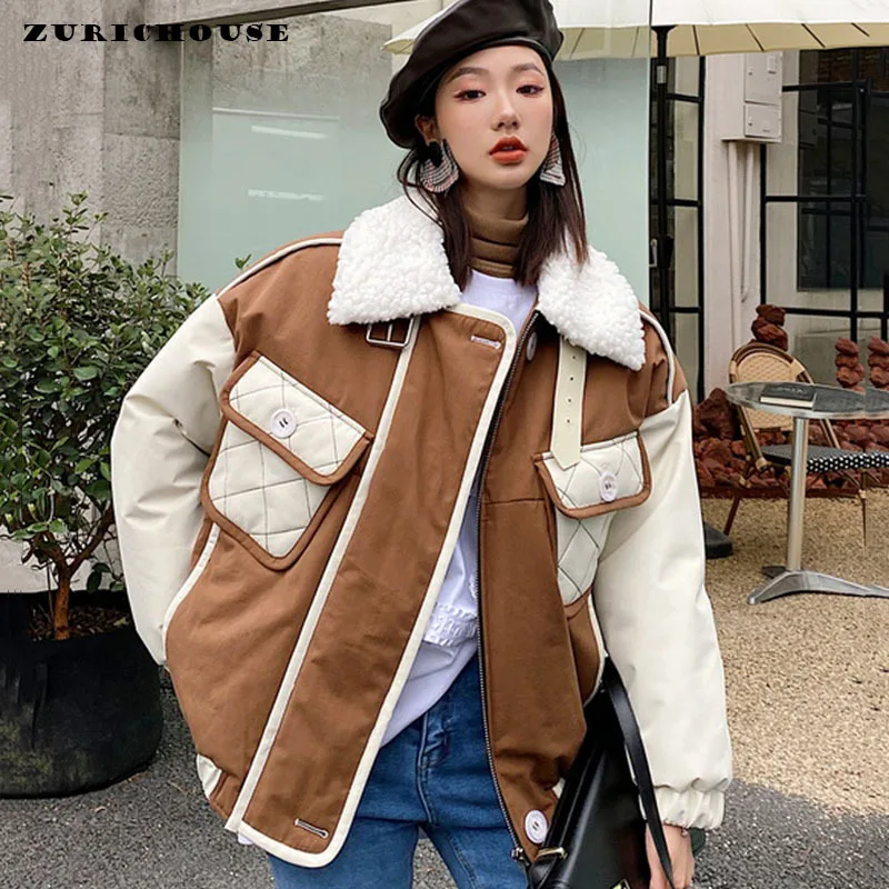 

ZURICHOUSE Brand Winter Bomber Jacket Women Fashion Hit Color Spliced Design Warm Fur Collar Cotton-padded Parka Coat Female