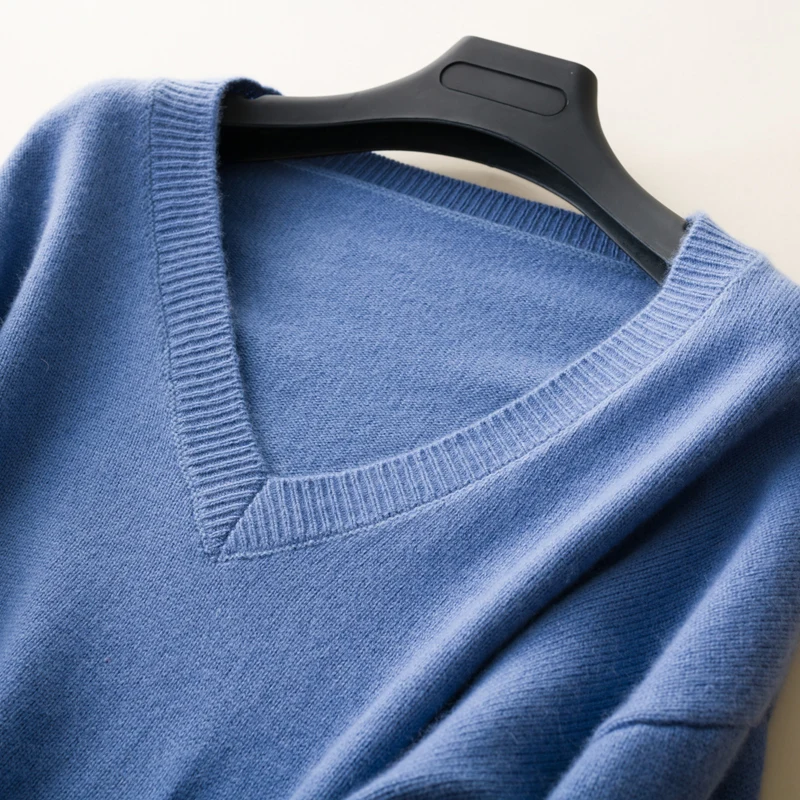 Женский кашемировый свитер с v образным вырезом Свободные повседневные