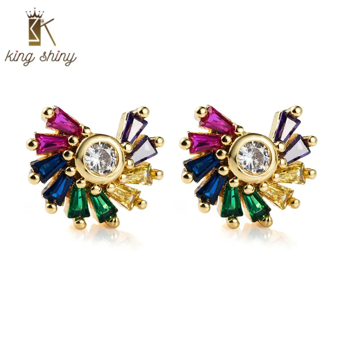 

2020 New Design Geometric Half Round Rainbow Color Zirconia Statement Copper Stud Earrings Crystal Zircon Stud Earring for Woman