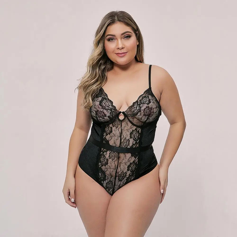 2020 Plus Size Deep V Neck Embroidery Bodysuit Women Strap Backless Transparent Sexy Lace Body Romper Summer hollow Jumpsuit