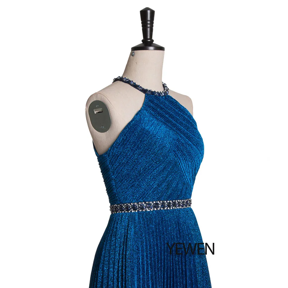 Королевский синий розовый вышитое бисером вечернее платье 2019 плиссированные