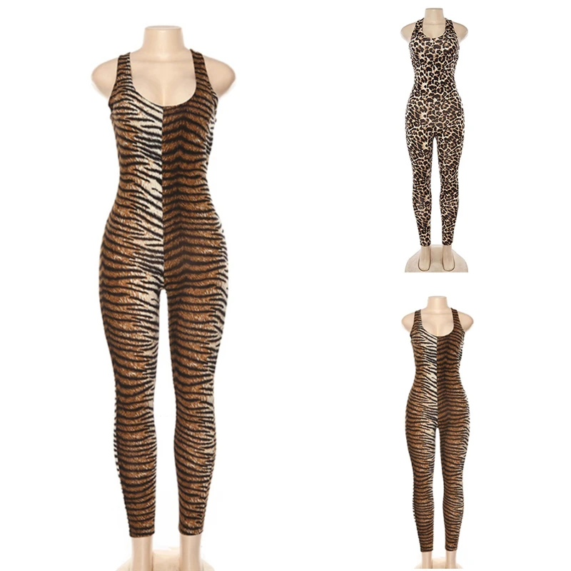 

Women Sexy Leopard Tiger Jumpsuits 2021 New Elastic Skinny Fitnees Sporting Bodysuit Back Bandage Hollow Out Female Sexy Rompers