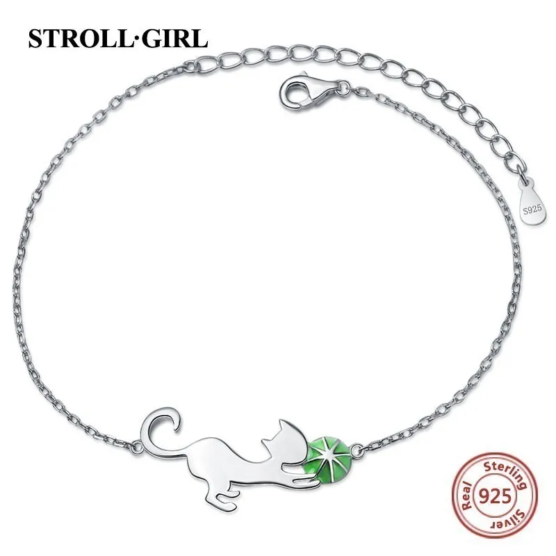 StrollGirl Новое поступление 925 пробы серебряные браслеты на цепочке с милым котом и браслеты для женщин подлинные серебряные ювелирные изделия
