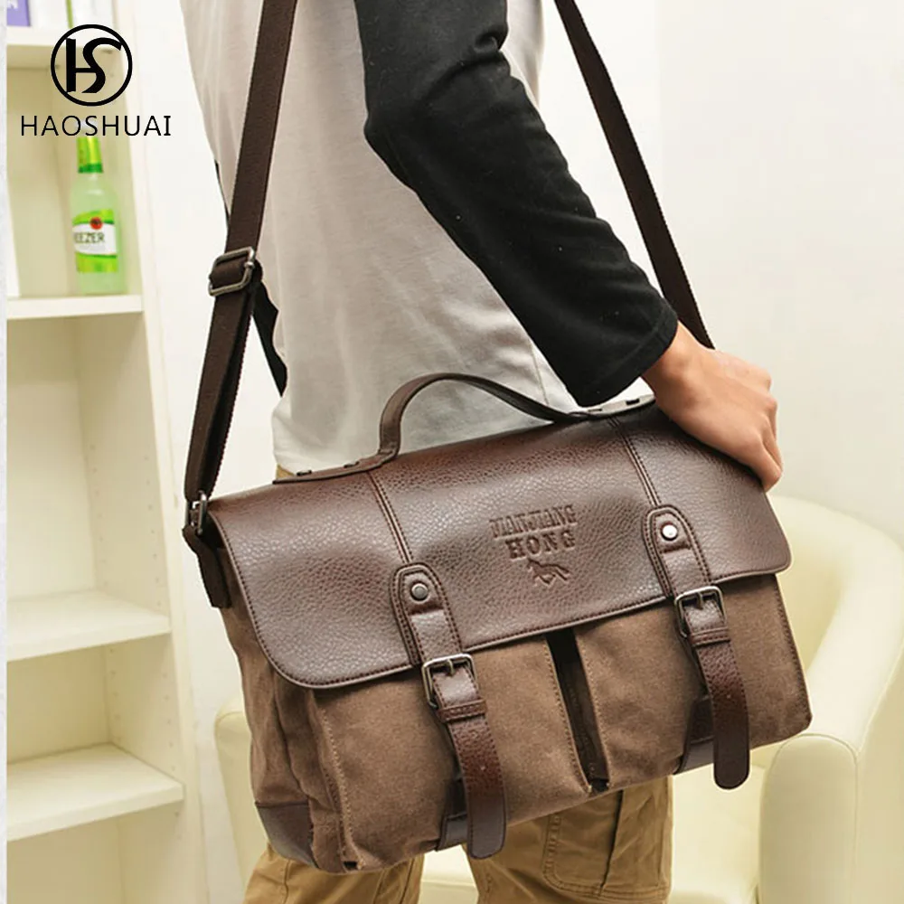 Сумка-мессенджер Мужская холщовая Винтажная сумочка на плечо из кожи Крейзи Хорс