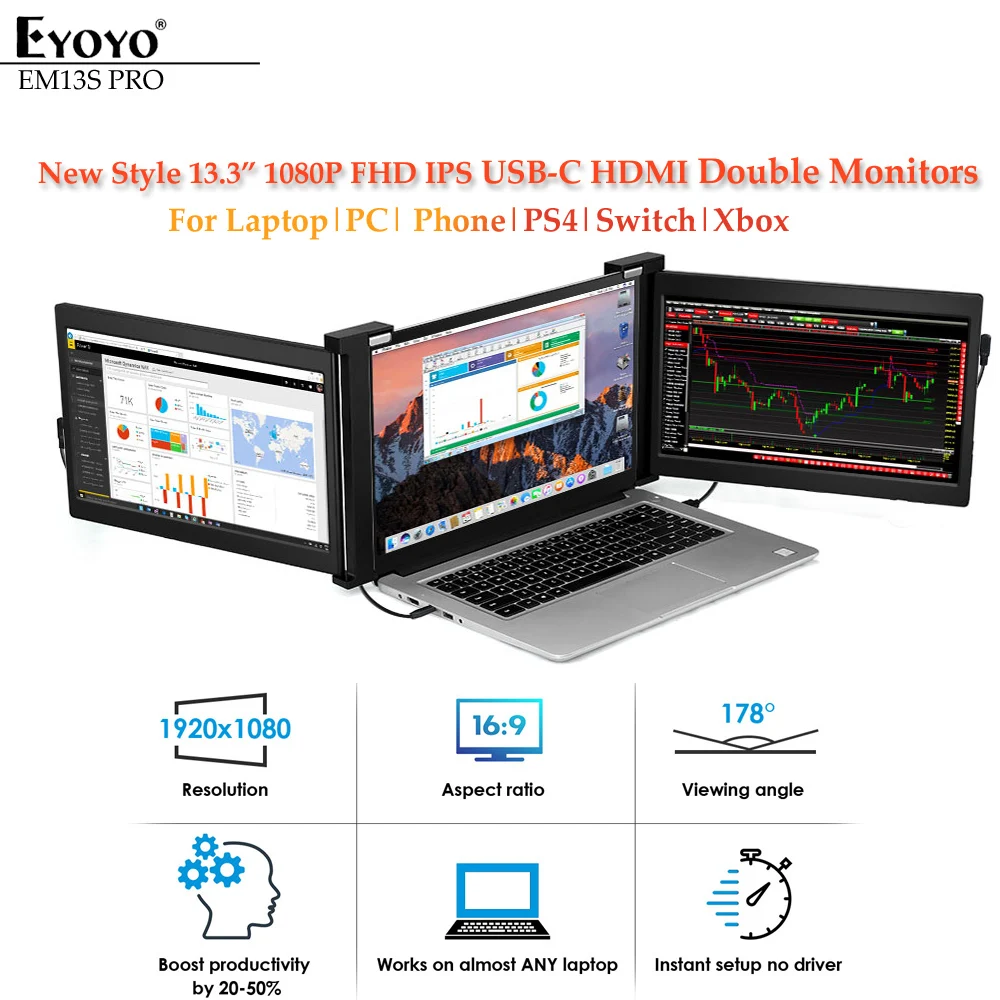Монитор Eyoyo 13 3 &quotFHD IPS тонкий портативный игровой монитор х108 тип USB-C HDMI экран для