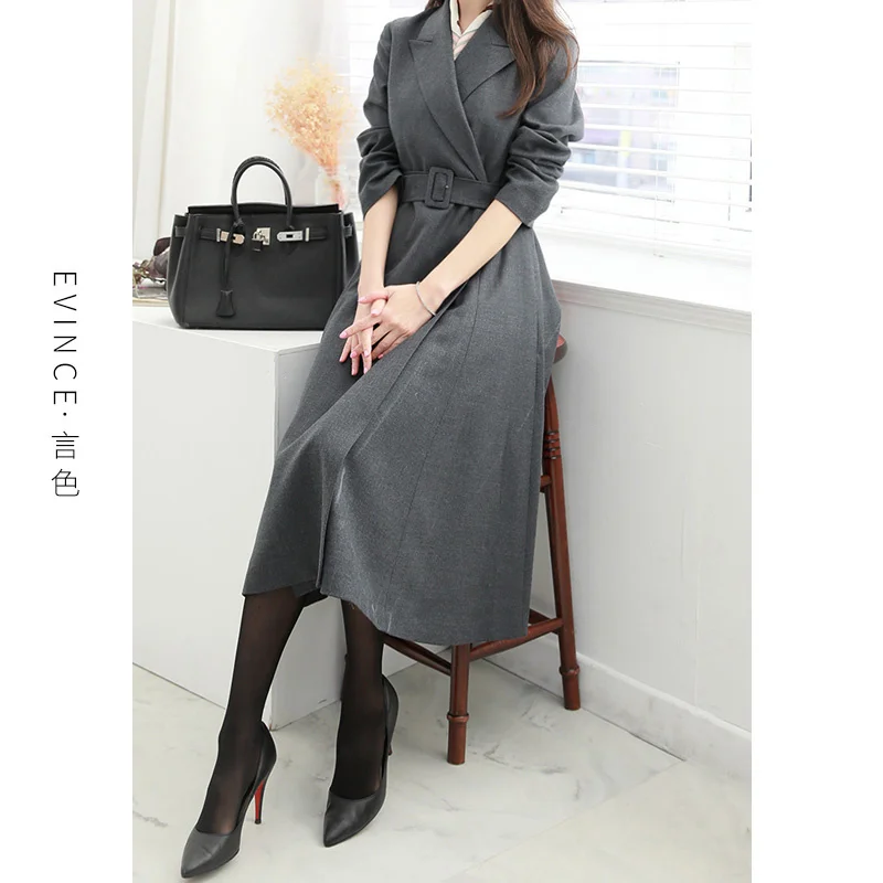 

Grey high-grade dress female autumn and winter A-type celebrity temperament foreign style waist closing thin light luxury