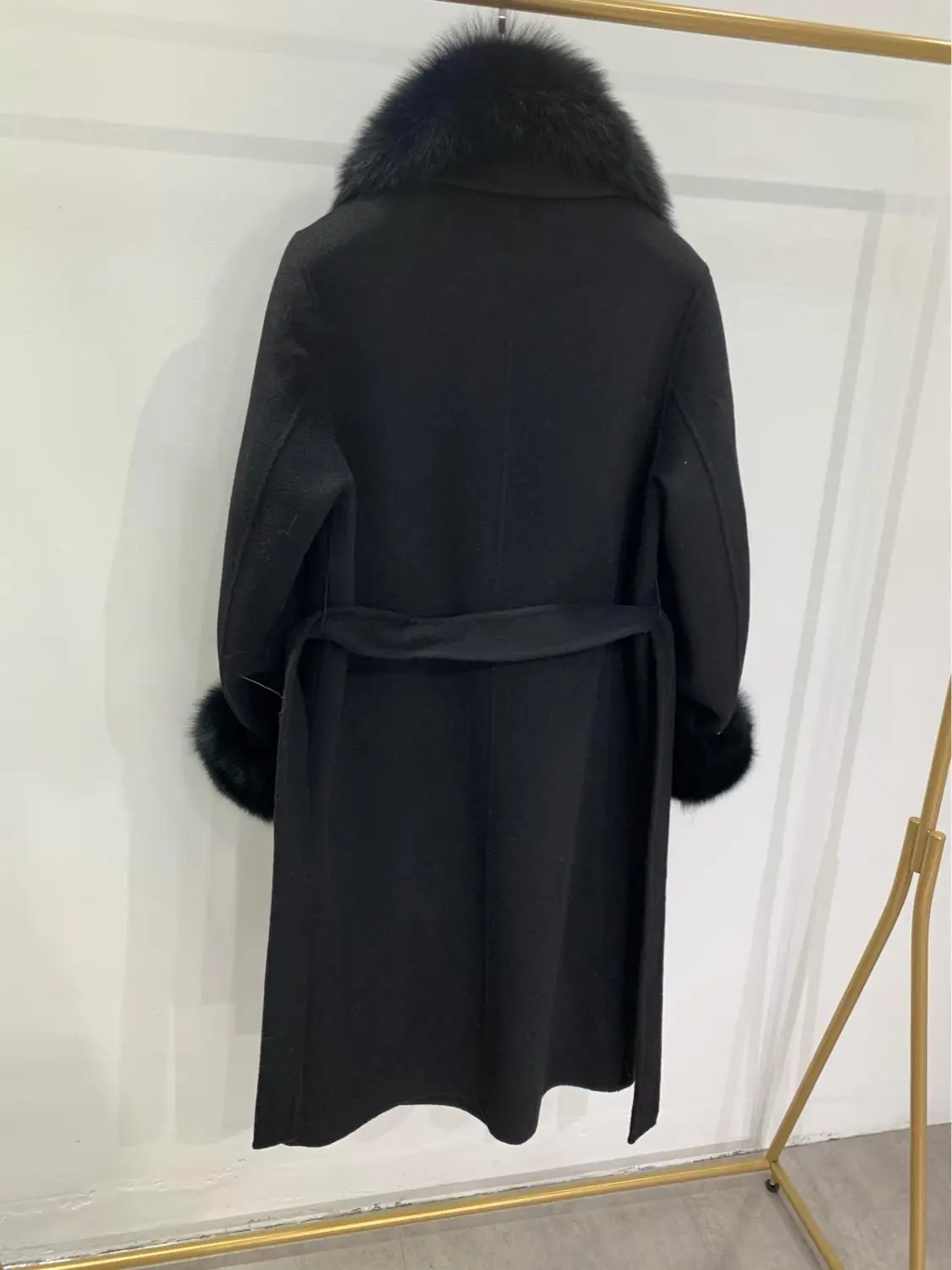 2019 Natural Fox Fur Collar Wool double-faced coat Warm Cashmere outerwear Winter Thick Jacket Slim Belt Ladies Streetwear | Женская