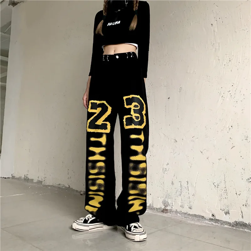 

ins Harajuku style letter printed straight jeans women's high waist slim street trousers mopping pants